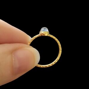 Dainty Rainbow Moonstone Ring – Gold-Toned Bezel Set with Hammered Band, Size 6.